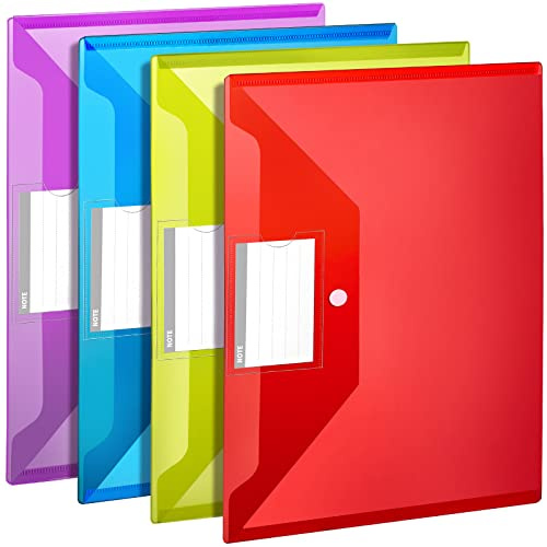 LEOBRO File Folders for Documents, 4 Pcs Plastic Folders with Pocket, Plastic Envelopes with Snap Closure, Reusable File Bags, for School & Office, A4 Size