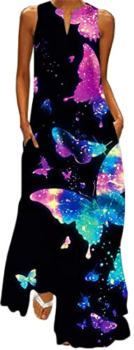 WINKEEY Damen Maxikleid Schmetterling Blumen Drucken V-Ausschnitt Böhmischer Plus Size Sommerlanges Kleid mit Taschen