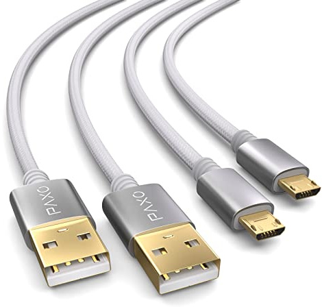 PAXO 2x 4m câble de charge pour manette PS4, câble de charge micro USB, câble micro USB, nylon, micro USB, gaine en tissu, connecteur aluminium, blanc