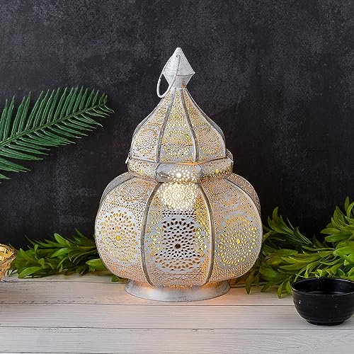 Marrakech - Lámpara de mesa y farol (metal, 30 cm), diseño oriental, color blanco