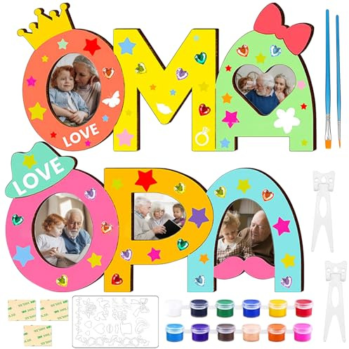 Zkaoai Oma und Opa Holzbuchstaben Bastelset, 2 Stück Opa Oma Geschenk Enkel, Holznamen Bemalen und Fotos Ankleben Geschenke für Oma, Holzbuchstaben Fotogeschenke für Uroma Oma und Opa Geschenke