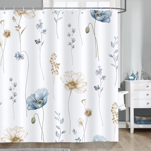 Bonhause Duschvorhang Blau Beige Aquarell Blumen Modern Minimalistisch Duschvorhänge 180 x 180 cm Anti-Schimmel Wasserdicht Polyester Stoff Waschbar Bad Vorhäng für Badzimmer mit 12 Haken