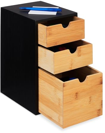 Relaxdays Schubladenbox, Bambus, 3 Schubladen, HxBxT: 28 x 17 x 21,5 cm, Schreibtisch Organizer, Büro, Natur/schwarz
