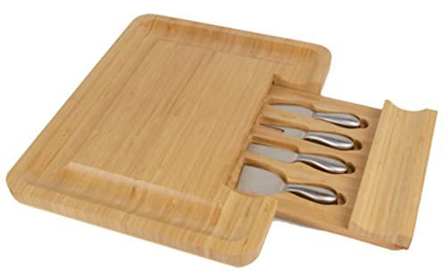 SOBOUR Spacieux Ensemble de Planches à charcuterie et de Couteaux en Bambou, Planche à Fromage avec tiroir caché et rainure à jus pour Le vin, Les craquelins, Le Brie et la Viande Multifonction