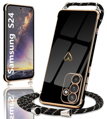 Micoden Handykette für Samsung Galaxy S24 5G Hülle, Necklace Handyhülle mit Band Kameraschutz Herz Love Design Galvanik Silikon TPU Case Kordel zum Umhängen Schutzhülle für Samsung S24 5G,Schwarz