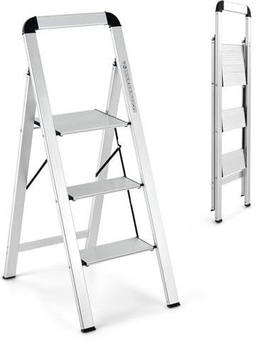 SOARS Scala 3 Gradini in Alluminio, Scaletta Pieghevole con Piedini Antiscivolo, Leggera e Portatile, Portata 150 kg, Attacco & Fibbia di Sicurezza, per Casa, Officina, Garage, 44 X 62 X 109 CM