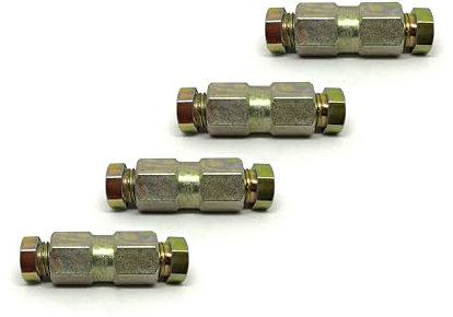 ASC - 4pk Brake Pipe Joiners - Universal Brass Unions Fittings 3/16 (4.75mm) SAE - 4X 2-Way Joiners with 8X Nuts