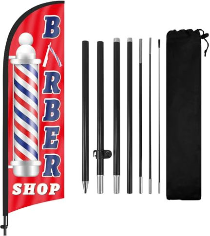 FSFLAG Barber Shop - Bandera de plumas con kit de mástil de bandera y estaca para el suelo, 8.2 pies, barbería, bandera sin viento, letrero de negocios para publicidad al aire libre (rojo)