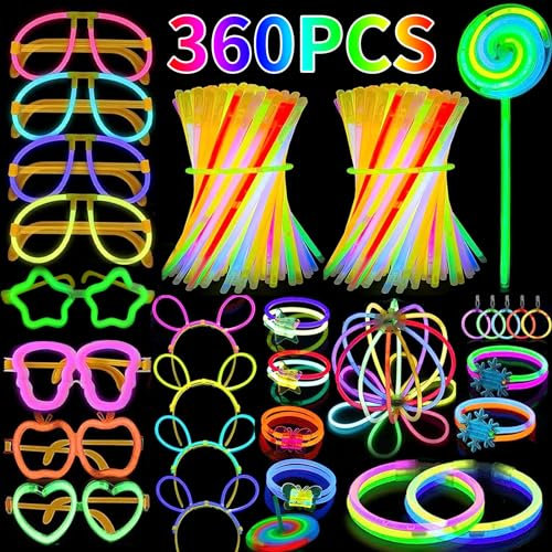 Kinyoda Barras Luminosas,360 pcs Pulseras Luminosas Fluorescentes,Set de Fiesta de Palos Luminosos de Neón con Conectores, Juego de Barras Luminosas para Fiestas Adecuado,Bodas,Carnavales,Cumpleaños