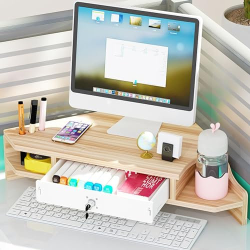 ZIMGOD Monitorständer 2 Ebenen Monitorständer mit Verschließbarer Schublade und Stifthaltern, Ergonomisches Eckregal für Computer, Arbeitszimmer Dreiecksregal für Laptops(Natural)