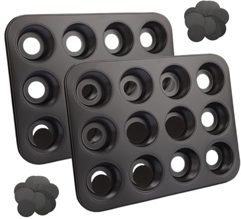 LDXDRU Paquete de 2 mini bandejas para magdalenas de 35 x 26 cm con bases sueltas, mini moldes para tartas de queso, molde para tartas de queso con 12 agujeros, bandeja de acero al carbono para
