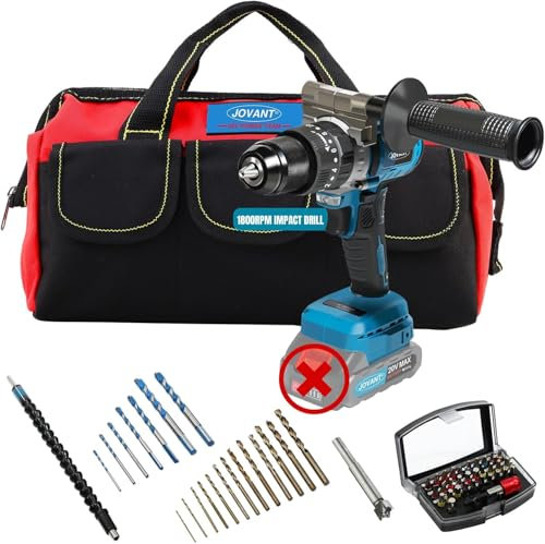 Taladro de martillo inalámbrico de 20 V máximo, taladro de impacto sin escobillas de 1/2 pulgada, sin llave, taladros compactos para metal, madera, hormigón grueso - JOVANT (2 baterías)