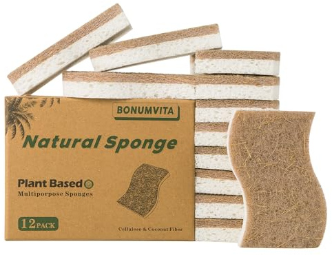 BONUMVITA Naturlig kökssvamp, 12-pack köksdisksvamp med kokosfiber och komposterbar cellulosa, naturlig hushållsrengöringssvamp för disk, krukor, handfat