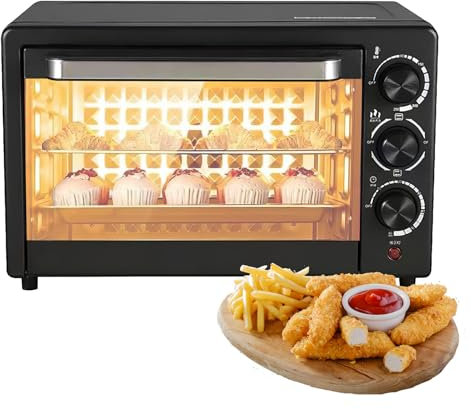 Four électrique 22L, Mini Four électrique avec Fenêtre de Visualisation, avec 1 grille et 1 plateau,Thermostat réglable jusqu’à 250° C, Tournebroche, Minuteur 120 min, Petit Four à Pizza (22L)