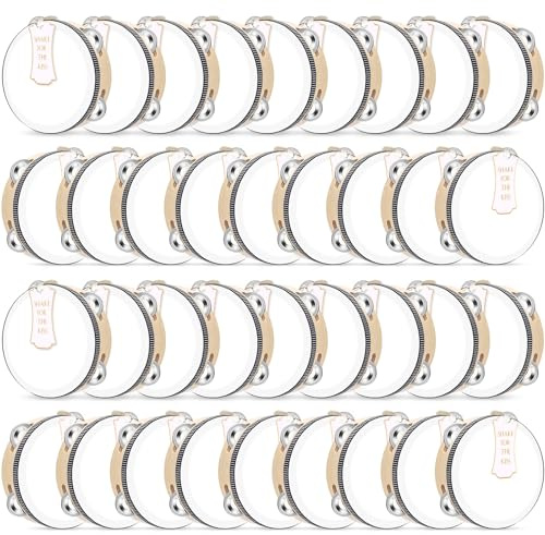 Lukmaa 36 Set 6 Inch Tambourines Bulk for Adults Christmas Bulk Wooden Hand Held Drum with Metal Jingles, Tags, Tambourine Gift Musical Instrument for Church Wedding Party Favor(White Style)