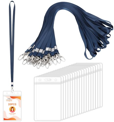 Segus Tarjetero Colgante, 20 Piezas Porta Tarjetas con Cinta Cuello Llaves, Lanyard con Portatarjetas Impermeable, para Profesor, Estudiantes, Empleados (Azul Oscuro, Vertical)
