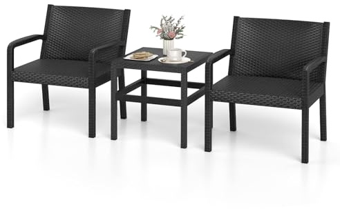 COSTWAY Set Salotto da Giardino in Rattan PP con Tavolino e 2 Sedie, Nero | Salotto da Esterno con Tavolino Quadrato e 2 Poltrone per Cortile, Terrazzo e Balcone