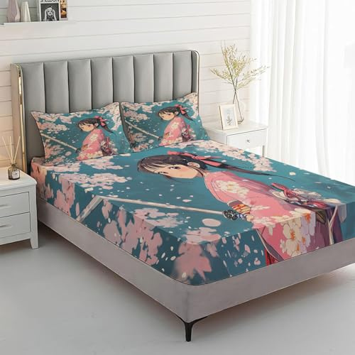 Generisch Spannbettlaken 140x200cm Anime Mädchen, mit 2 Kissenbezug 80x80 - Bettlaken Japanischer Stil Motiv, Deko & Geschenke, 30 cm Steghöhe, Gebürstete Mikrofaser Spannbetttuch - SJE5073