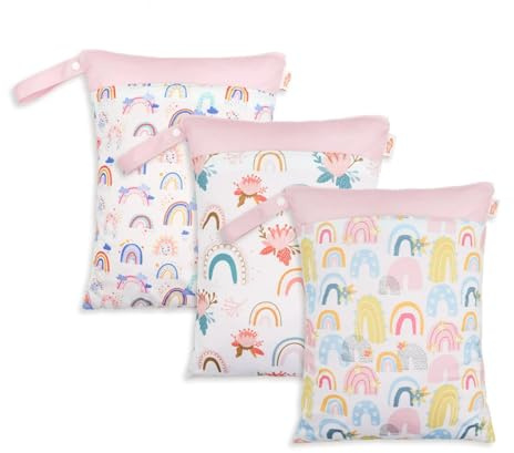 Hixingo Bolsa de Pañales Impermeable, Bolsa Impermeable de Tela con Cremallera Reutilizable Lavable Wet Bag Pañales 3 Pieza, Organizador para Ropa Sucia, Viaje Playa (Rosa,30x40cm)