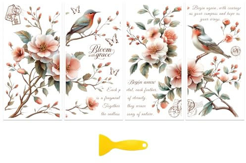 Peacoblue UV DTF Möbel Transferfolie,Rosa Blumen & Vögel Dekorfolie Deko | 4er Set UV DTF Transfersticker 15x30cm, Wasserfeste Dekorfolie für Möbel, Schubladen, Holz, Glas und Keramik