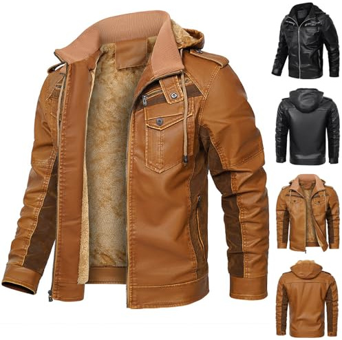 Générique Blouson Moto Homme a Capuche Veste Cuir Hiver Chaude Bombers en Polaire Aviateur Multipoche Jacket Couleur Unie Vestes d'Extérieur Manteau Décontractée Coat Classique Vetements