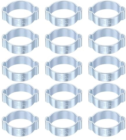 sourcing map 15pcs Double Ear Hose Clamp 18-21 mm Galvanized Steel Hose Clamp Double Ear O Clips Crimp Rings for Fuel Line Pipe Tube Fitting Connections, Silver
