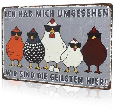 Lustige Metallschilder Hühner Spruch Wanddeko – witzige wanddeko Humorvolles Deko Schild mit Wir sind die Geilsten hier Geschenkidee für Küche, Garten, Bauernhof, Männer, Freunde