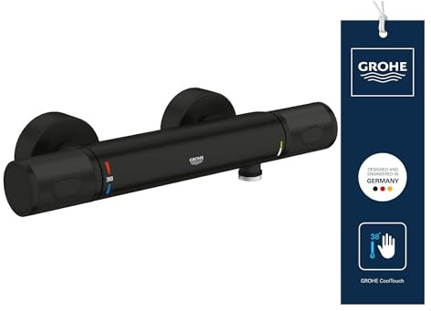 GROHE Precision Feel, Duscharmatur, wassersparend (Thermostat hält Temperatur konstant, Mischbatterie mit kühler Oberfläche, Sicherheitssperre 38°C, Anti-Rutsch Griffe, 3in1 Tool), schwarz, 347902430