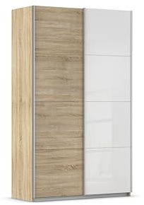 Rauch Möbel QUADRA, Schwebetürenschrank, Eiche Sonoma/Glas Weiß, 136 cm | Kleiderschrank mit Schwebetüren, Schiebetüren, 2-türig, für Schlafzimmer, Kinderzimmer, Jugendzimmer, Garderobe