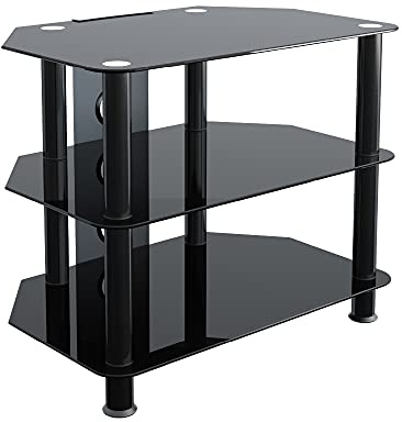 AVF Black Glass TV Stand - Black Glass and Metal Leg Corner TV Unit Floorstand with Cable Management, 60cm Wide, For TVs Up to 32 & 35kg - SDC600CMBB
