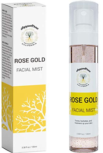 Spray per il viso all'acqua di rose di Doppeltree - Tonico viso idratante astringente pori, con amamelide, olio di rosa canina e fiocchi d'oro 24K - Formulato a San Francisco