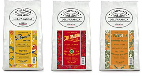 Caffè Corsini Compagnia Dell'Arabica, Tris monorigini Brasile, Colombia e India, 100% Arabica, 3x250 g, Confezione con 3 prodotti