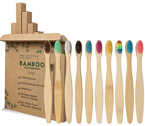 GeekerChip Set of 10 Bamboo Toothbrush for Children, 10 Colours Bamboo Toothbrush, Soft Natural Bristles, Ecological and Biodegradable
