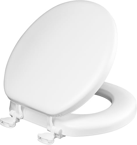 Mayfair Padded Toilet Seat, Cushioned Soft Vinyl over Wood Core Seat, Secure Hinges, Easy Clean, Made in USA, Round, White