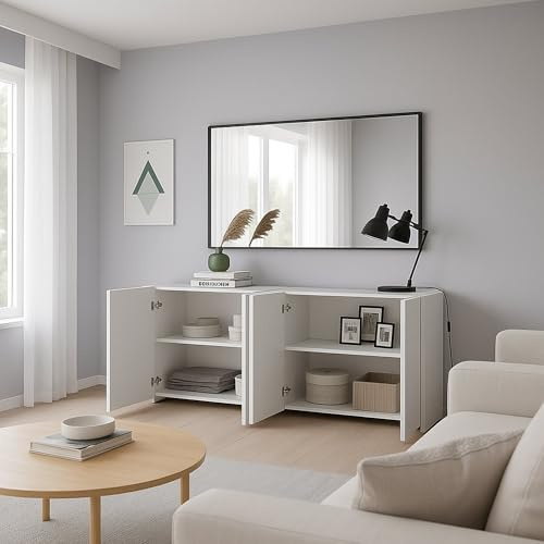 Dmora - Buffet Addis, Buffet du Salon, Commode de Salon, Garde-Manger de Cuisine, Made in Italy, 180x38h79 cm, Blanc Brillant