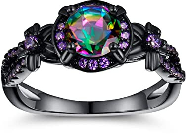 Women Eternity Rings18K Black Gold Plated Rainbow CZ Created Amethyst Gemstone Wedding Engagement Band for Bride Dainty Jewelry Gifts (8)