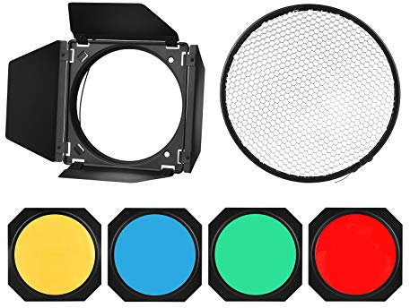 Godox BD-04 Barn Door Barndoor Kit with Honeycomb Grid 4 Color Gel Filters for 7 Inch Standard Reflector Replacement for GODOX SL60W SL150II SK400II Studio Light