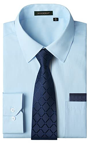 HISDERN Men's Light Blue Shirts Long Sleeve Smart Formal Plain Dress Shirt and Tie Set Business Casual Wedding Regular Fit XL