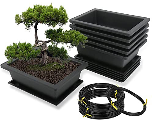 MissFox Bonsai Schale Mit Untersetzer, 6 Stücke Trainingstöpfe Aus Kunststoff, Pflanztopf Für Garten, Rechteckiges Blumentopf-Set Mit Aluminium-Draht, 16x12x6cm