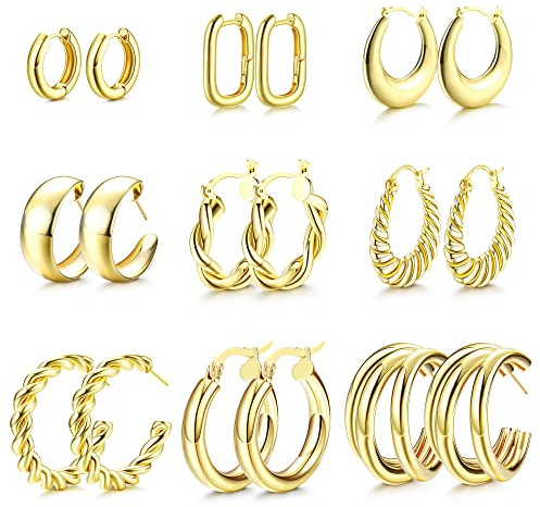 JeweBella Set med 9 par creoler i guld för kvinnor, flickor, örhängen guldcreoler, allergivänliga, öppna, sovörhängen, vridna huggie-örhängen, set, fint guld, Rostfritt stål, Ingen ädelsten