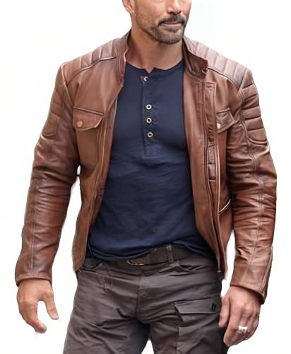 Herr Boss Level motorcykel biker brun läderjacka | Frank Grillo Roy Pulver jacka, Brun, XS
