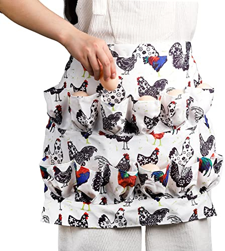 AVLA Grembiule da raccolta uova di gallina, 12 tasche profonde, design fattoria per Pasqua, galline, anatra, uovo d'oca, donne, adulti, casalinghe, bianco, 50,8 x 40,6 cm