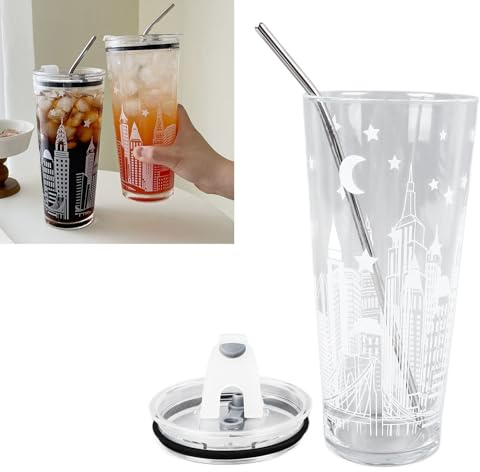 Taza de Cristal con Tapa y Pajita de Acero Inoxidable, 1 Litro, Borosilicato, Resistente al Calor, para Café Helado, Agua, Whisky, Regalo