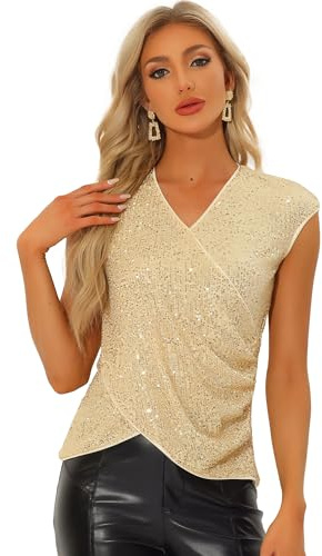 Allegra K Donna Canotta Paillettes Senza Maniche Scintillante Scollo A V Camicetta da Club Festa Festival Tops Champagne Oro L