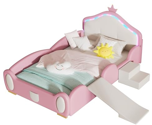 Azkoeesy Cama tapizada para niños y niñas, 90x200 cm, con iluminación LED, Escalera y tobogán, protección anticaídas y somier, Funda de PU, Color Rosa