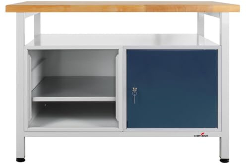 Steinbock Werkbank Tür + Regal + Boden | 120x84x60 cm | 300 kg | Grau | 300 kg Tragkraft | 4 cm geölte Massivholz-Arbeitsplatte aus Buche | stabiles Stahlgestell | Werktisch | Made in EU
