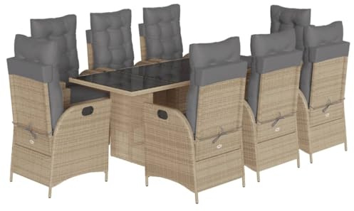 vidaXL Garten Essgruppe 9-TLG., Gartenmöbel Set Tisch mit 8 Stühle, Gartengarnitur mit Kissen, Sitzgruppe Essgarnitur Terrasse, Beigemischung Poly Rattan