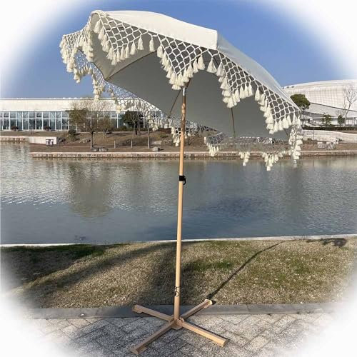ZYBOWAYL Boho-Sonnenschirm mit Fransen 200cm/6.6Ft Strandschirm Sonnenschutz Neigbar Gartenschirm Tischschirm Knickbar Tragbarer Balkonschirm Dekoschirm für Garten Strand Urlaub Outdoor (Color : with