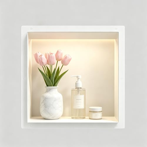 Bernkot Doccia a muro in acciaio inox, nicchia impermeabile con luce a LED, doccia incorporata 30 x 30 x 10 cm, letto singolo, box doccia incorporato, bianco