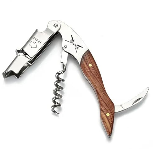 Dumeni Sacacorchos todo en uno, abrebotellas y cortador de papel de aluminio, para vino o cerveza, acero inoxidable, grano de madera, mango de madera